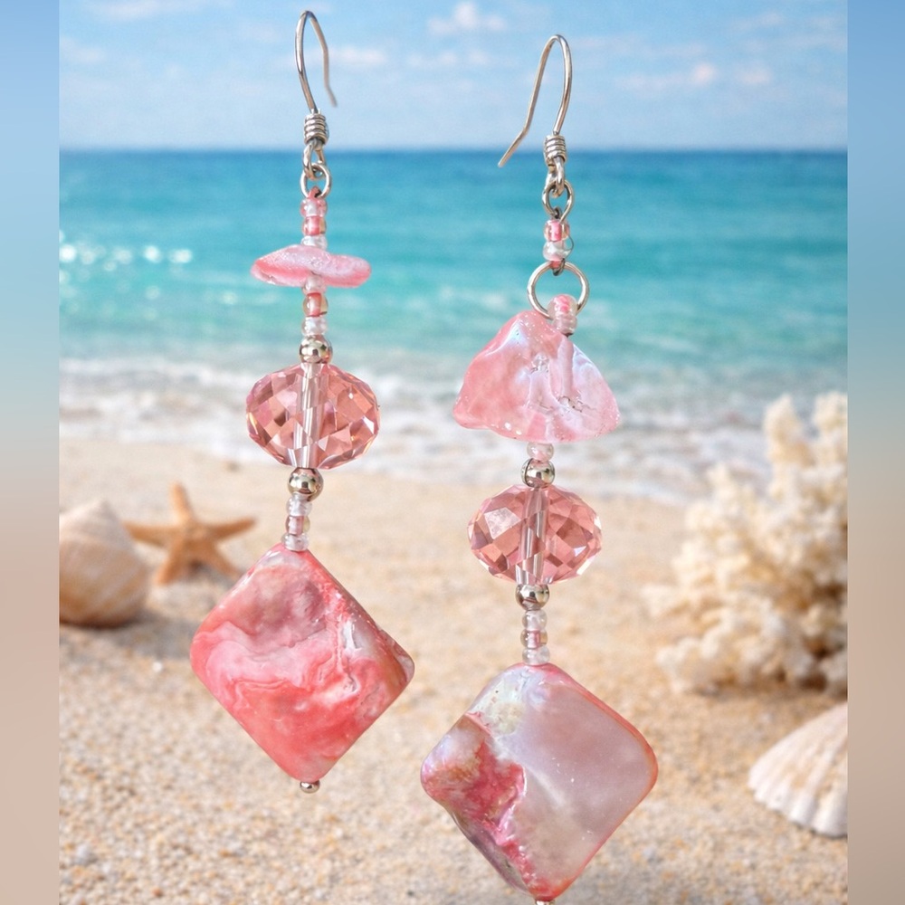 Handcrafted Pink Shell & Crystal Drop Earrings